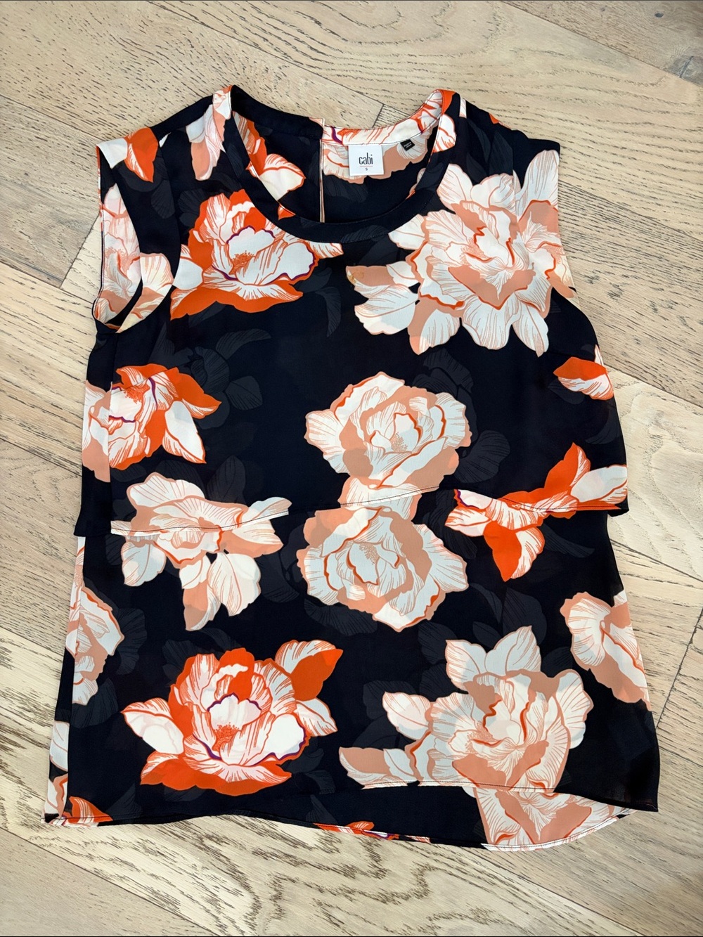 Floral Sleeveless Tiered Shell Top in Navy & Orange